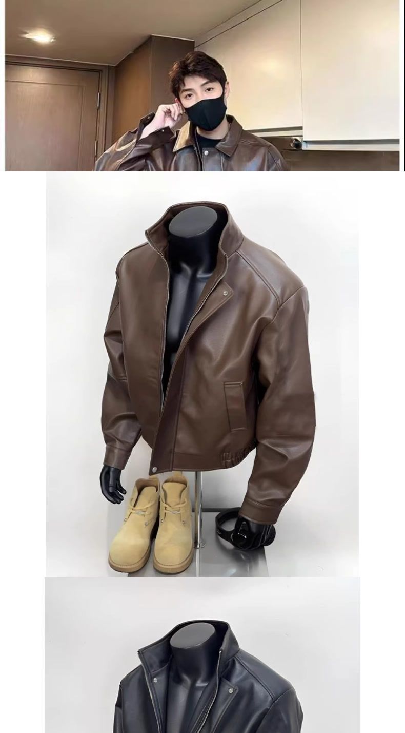 American Brown Herren Herbst und Winter Maillard PU Lederjacke Cooles Motorrad Outfit Trendy_voghion.com