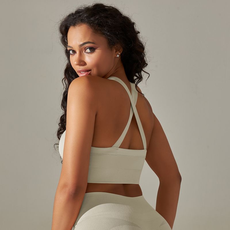 Modeprodukte auf Lager Neue reine Farbe Laufsport-Workout Fünfteiliges Set Stricken Nahtlose Pfirsich-Hüft-Yoga-Kleidung_voghion.com