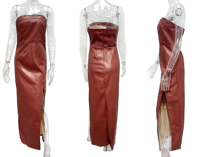 Abito lungo aderente senza maniche e senza spalline - Abito da sera in similpelle con corsetto per donna, mini abito sexy con fasciatura a vita alta, elegante abito da sera_voghion.com