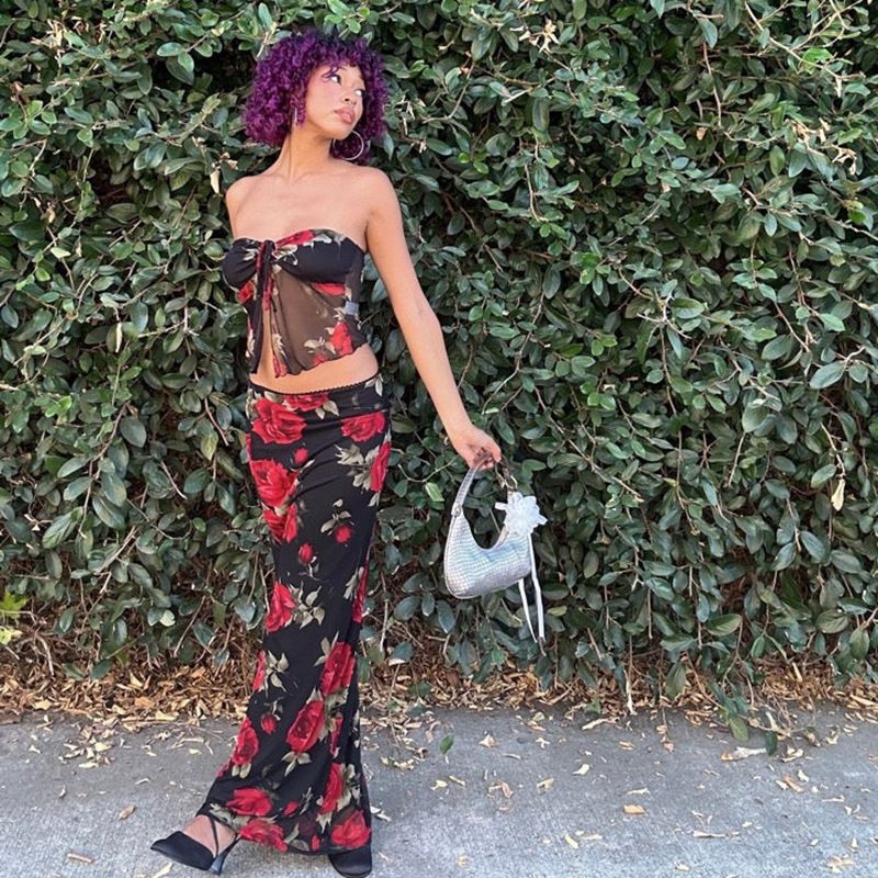 Women's Clothing Fashion Mesh Printed Tube Top Skirt Suit Summer New Slim Fit_voghion.com