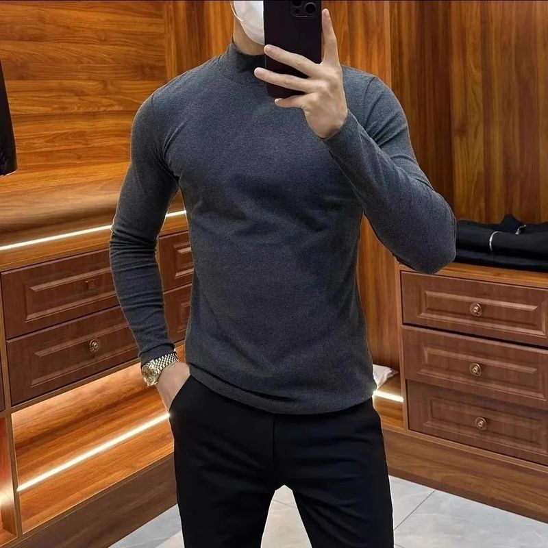 Derong Masculino Outono E Inverno Edição Limpa De Alta Qualidade Sem Pescoço Cor Sólida Slim Fit Manga Comprida Alta Elasticidade Base_voghion.com