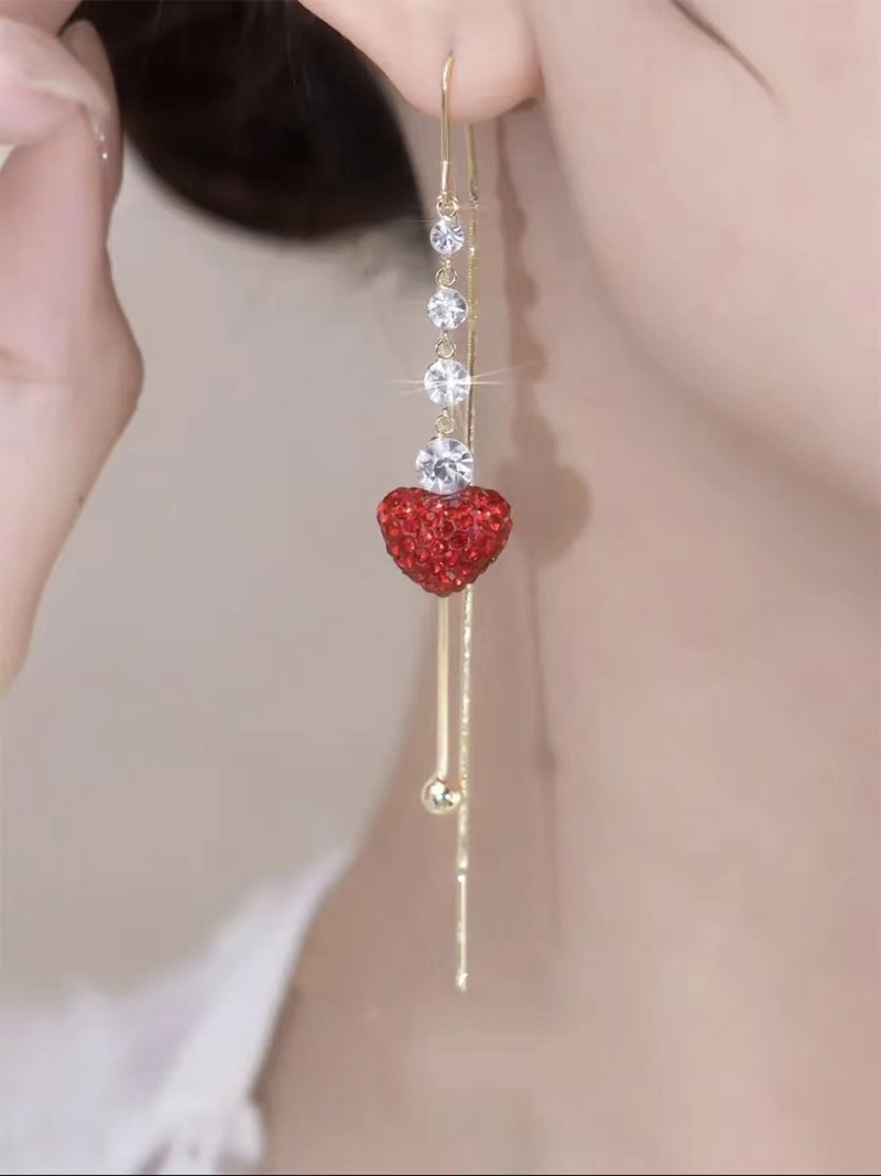 Women's earrings temperament diamond-encrusted red love ear wire earrings 2022 new trendy personality long tassel earrings for women_voghion.com