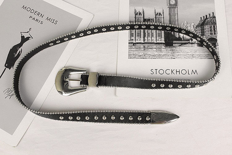 Ceinture fine en métal polyvalent pour femmes, nouveau Style Punk, ceinture en jean, Rivet décoratif, petite ceinture de pantalon_voghion.com