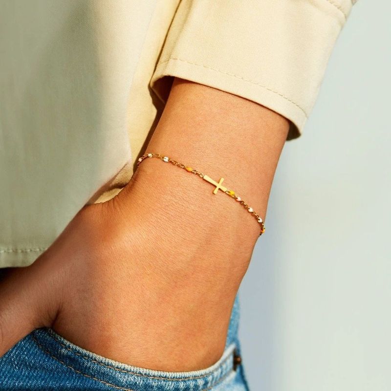 Bracciale a croce in argento puro S per donna, semplice e alla moda, con catena a goccia_voghion.com