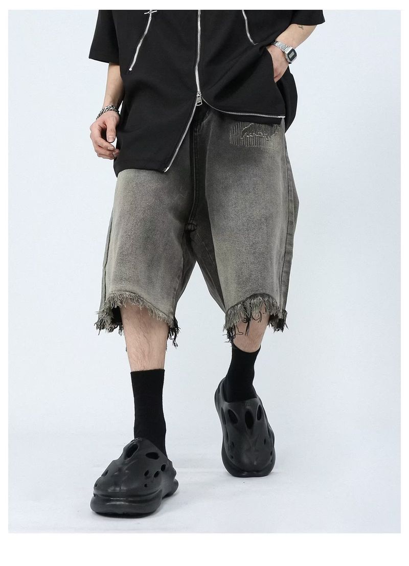 Herrenbekleidung Mid Rise Distressed Zipper Washed Jeans Lockere gerade halblange Hose_voghion.com