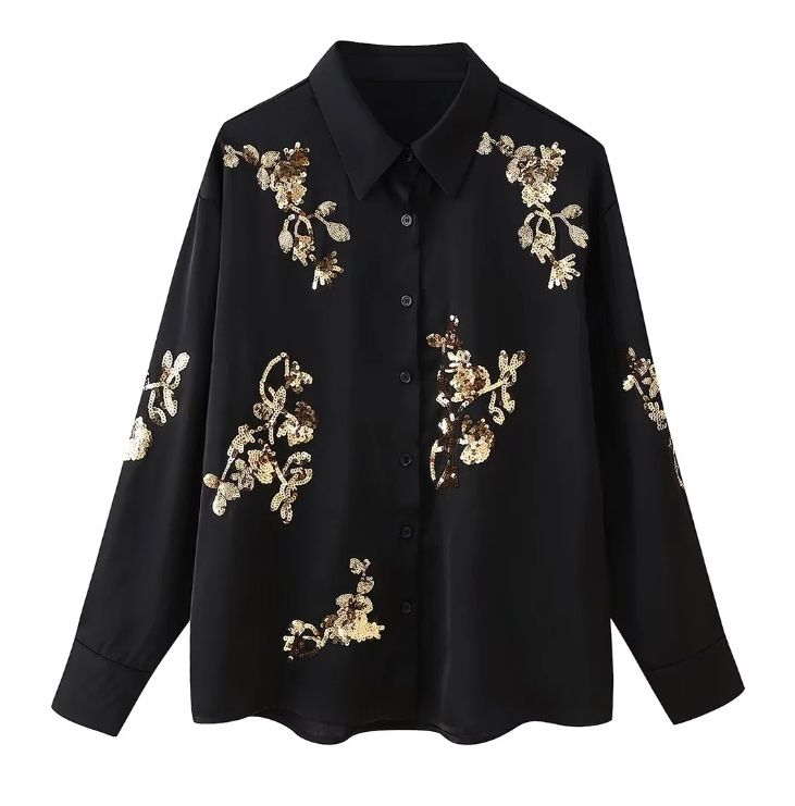 Women's Clothing embroidered sequins long sleeved shirt and trousers suit_voghion.com