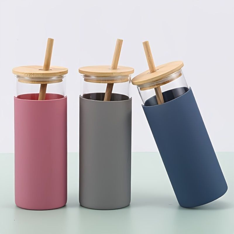 Lid 1pc Borosilicate Colored Rubber Glass Bamboo Bottles Case Water 16oz Straw Silicon And_voghion.com
