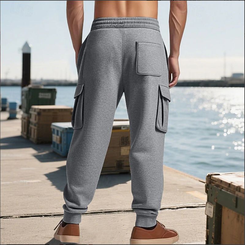 Pantalon de jogging cargo pour homme avec taille élastique et cordon de serrage - Pantalon décontracté multi-poches pour l'entraînement, la course et le quotidien (noir, rouge)_voghion.com