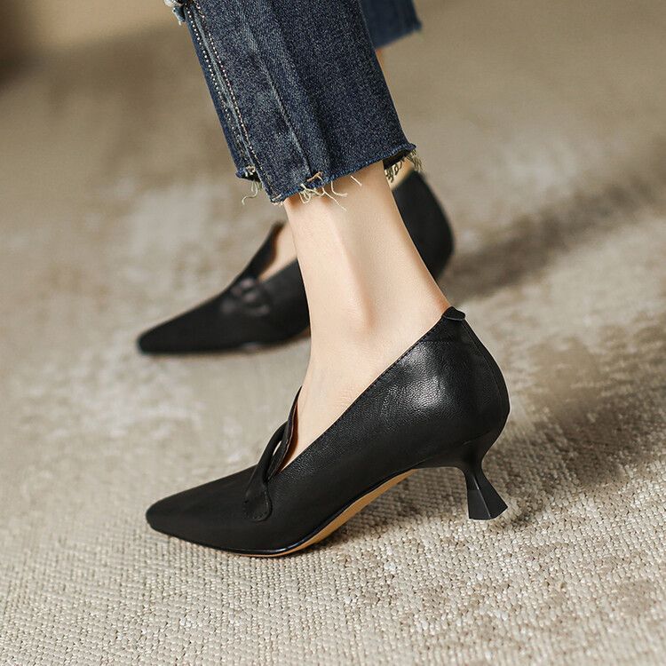 Punta quadrata, tacco sottile, bocca bassa, morbida pelle di pecora, da donna, stile unico 2025, nuovo, temperamento minimalista francese, di alta gamma_voghion.com
