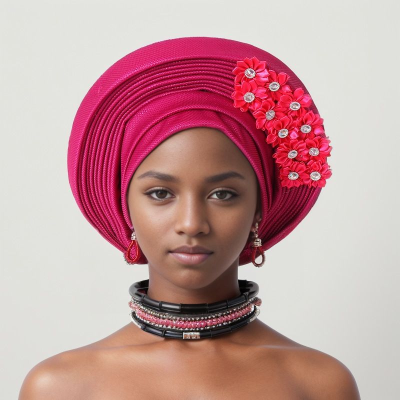 Elegante copricapo a strati in pizzo decorato per matrimoni e feste - Fascia per la testa in gele regolabile in più colori Cappello Baotou Aoto Gele_voghion.com