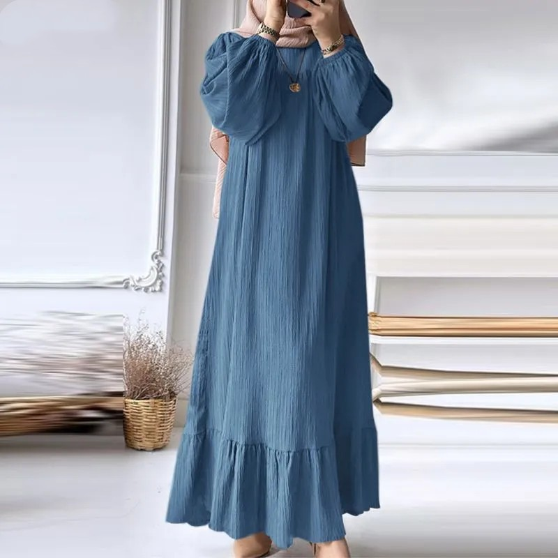 Abito Abaya musulmano a maniche lunghe con scollo a O alla moda da donna. Abito estivo con orlo arricciato solido_voghion.com
