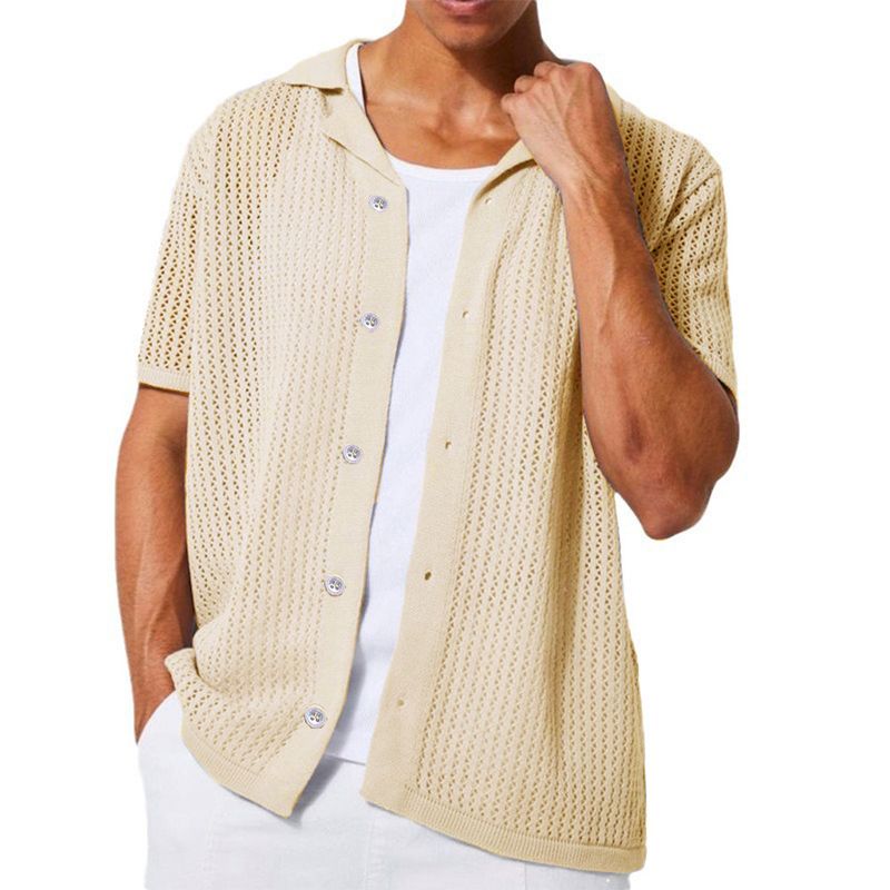 Herrenbekleidung Herren Casual Strickjacke Sommer Cool Hollow Kurzarm Herrenhemd Einfarbig Herrenoberteile_voghion.com