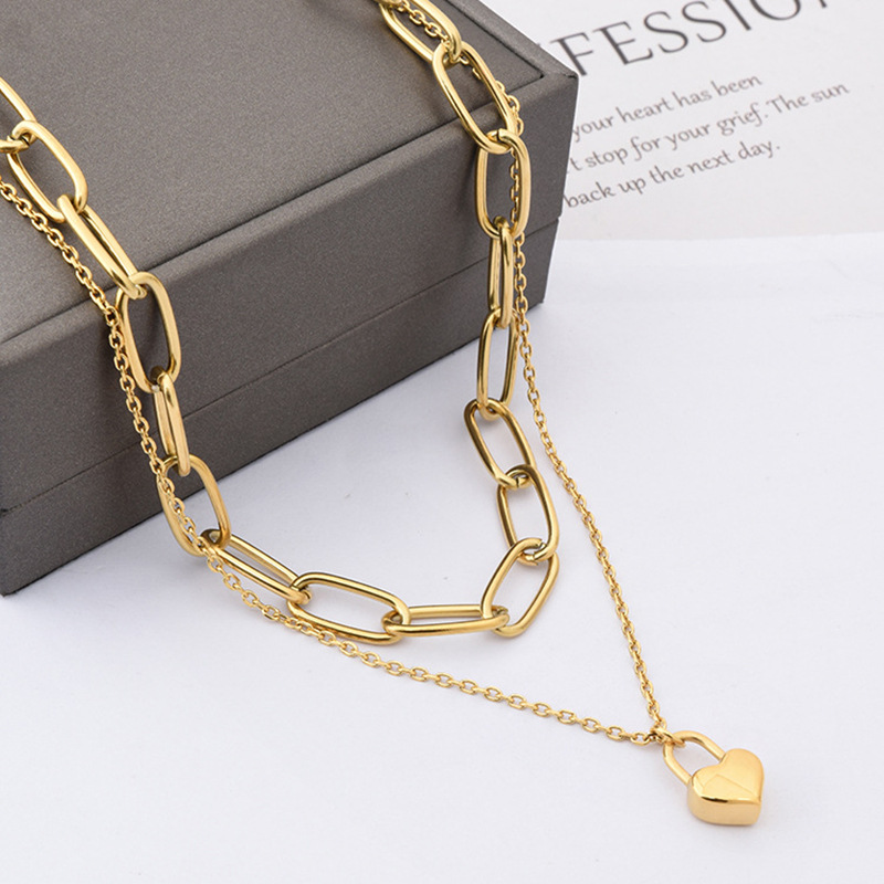 European and American cross-border new double-layer chain love lock pendant titanium steel metal hip-hop advanced cold style necklace_voghion.com