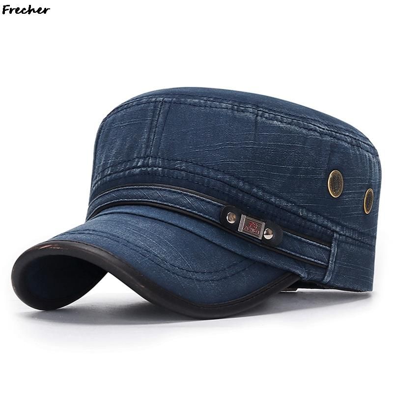 Fashion Vintage Jeans Military Cap Men Flat Top Cadet Army Caps Hunting Combat Tactical Visors Hat Comfortable Breathable Denim_voghion.com