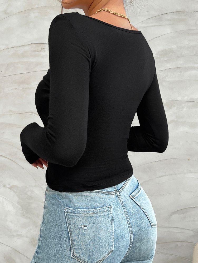 T-shirt a maniche lunghe slim fit da donna – Top basic in seta elasticizzata con scollo a V per strati (nero/bianco/bordeaux)_voghion.com