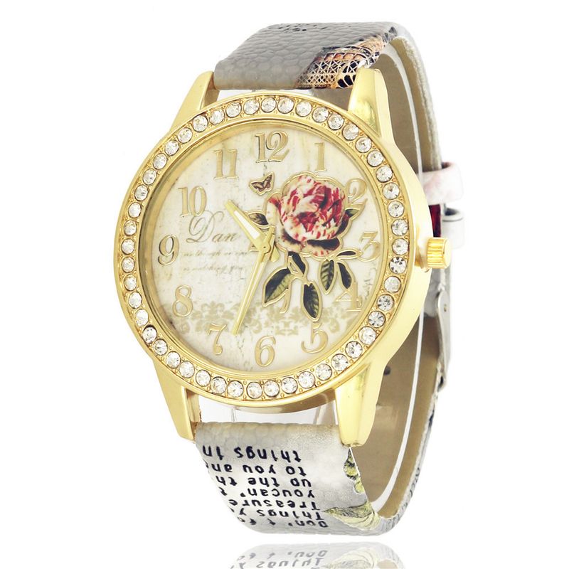 popolare orologio da donna con cintura in pelle stampata, orologio da donna al quarzo con diamanti digitali, orologio da donna casual con cintura a fiori_voghion.com
