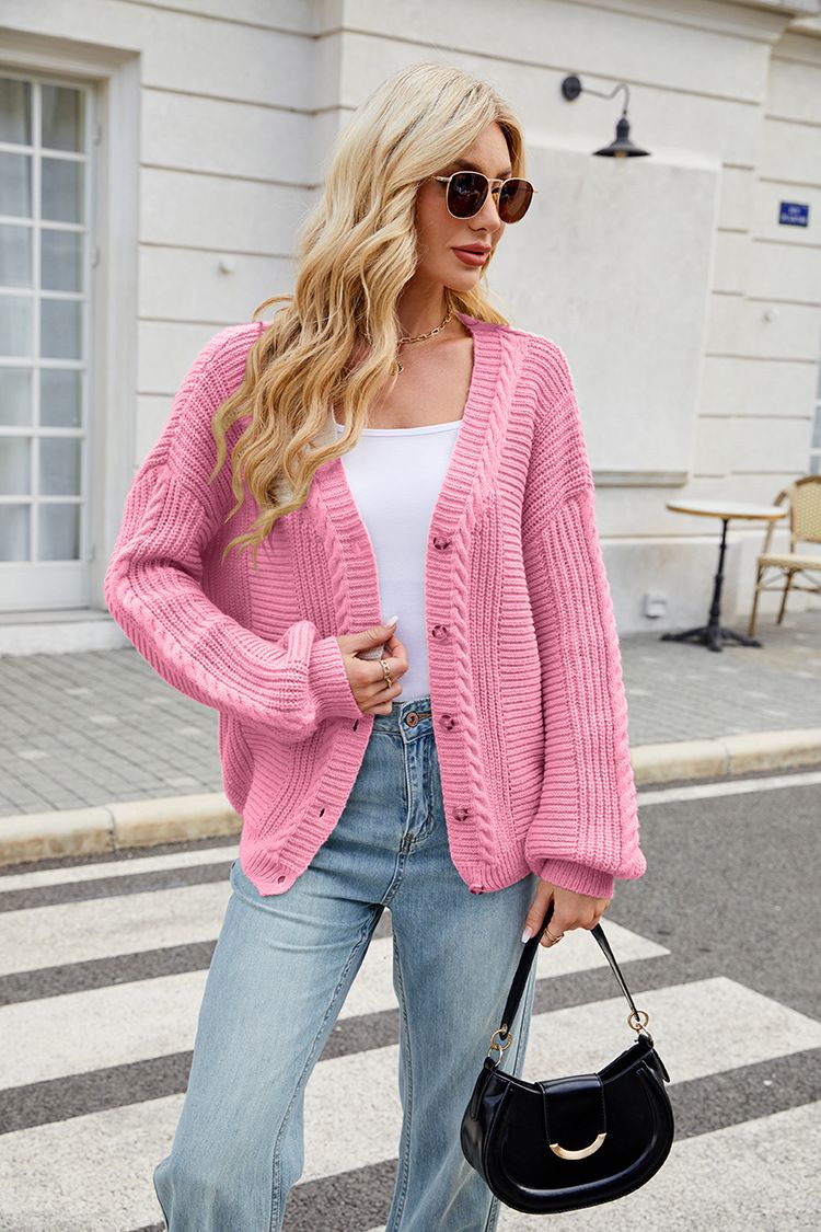 Cardigan oversize in maglia con scollo a V – Cappotto in maglia comodo e chic per donna, giacca in maglia larga in stile pigro, maglione a trecce con scollo a V a maniche lunghe_voghion.com