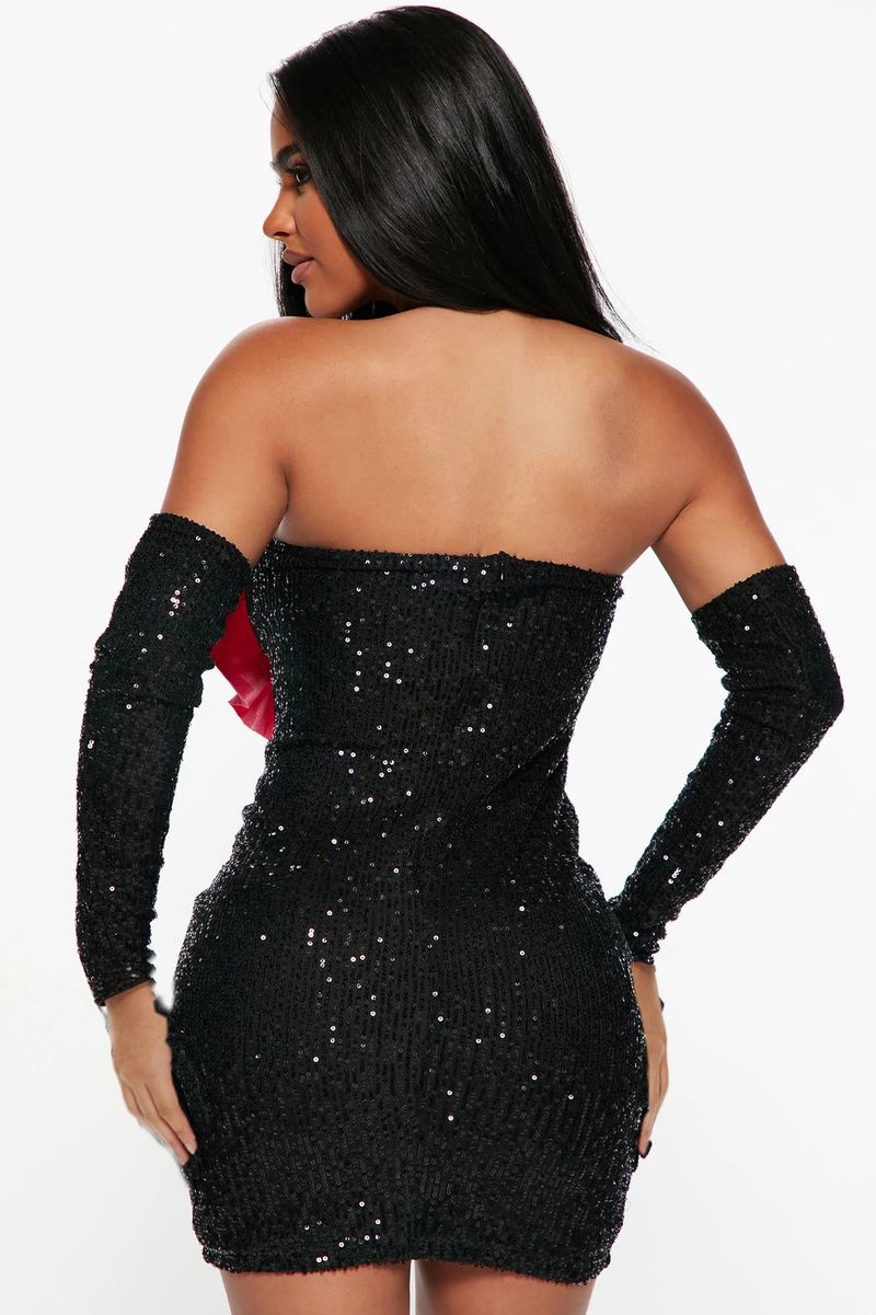 European and American slim short skirt hip short slim shoulder tight skirt pink bow nightclub black dress skirt_voghion.com