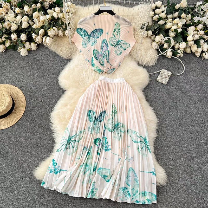 Completo da donna per donna, camicia a maniche corte stampata plissettata di alta qualità + gonna plissettata a vita alta e sottile_voghion.com