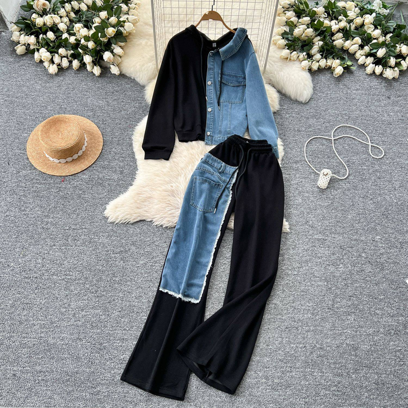 Traje informal para mujer, diseño de moda, sudadera con capucha de dos piezas con empalme, pantalones de mezclilla de cintura alta y pierna ancha con empalme_voghion.com
