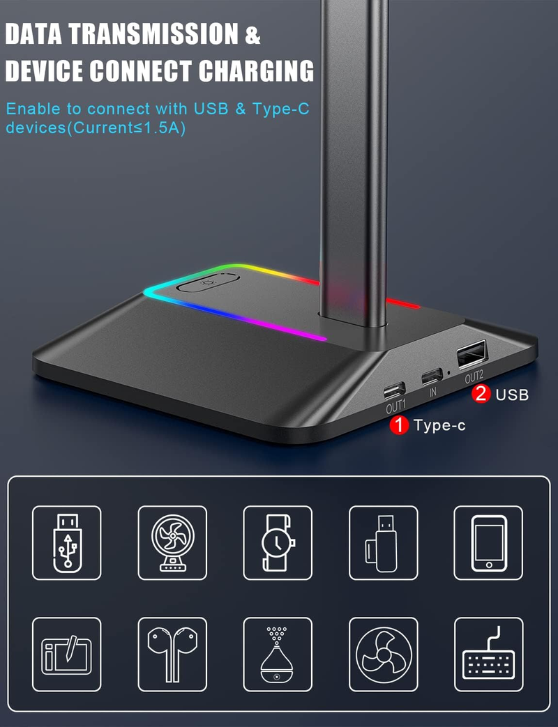 Headsetholder med 1 USB-C-opladningsport og 1 USB-opladningsport, headsetstativ til gaming med 7 lystilstande, velegnet til alt tilbehør til høretelefoner_voghion.com