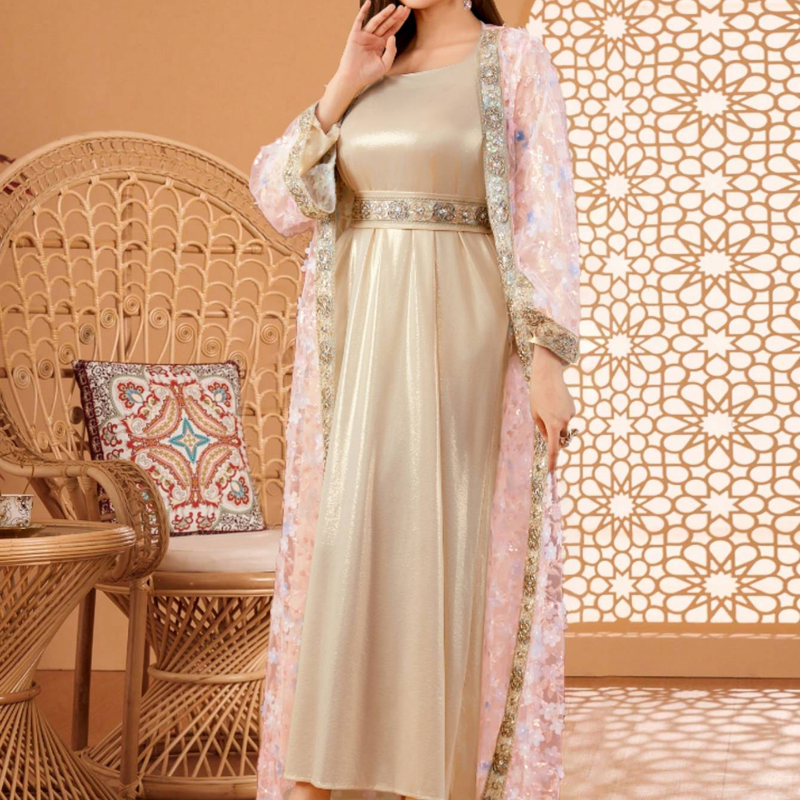 Muslimische Damenbekleidung Neue elegante Luxus bestickte Spitze zweiteilige Robe Abaya_voghion.com