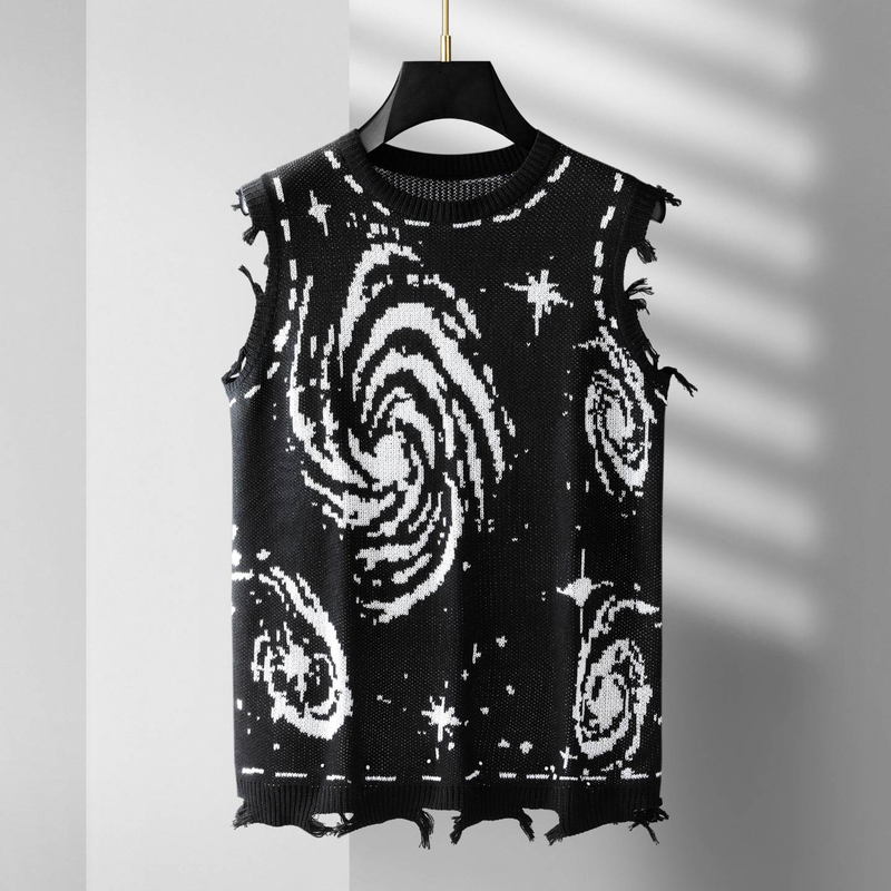 Vintage Retro Distressed Knit Sweater Vest – Galaxy Space Jacquard, Soft & Breathable, Men’s Sleeveless V-Neck Pullover (Black, M-XXL)_voghion.com
