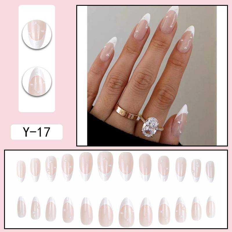 Eleganti unghie finte a forma di mandorla con colla e gel adesivo, effetto perla bianca francese e strass, riutilizzabili, per donne_voghion.com