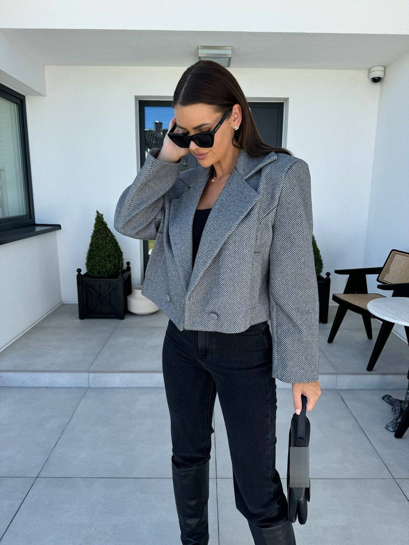 Eleganter Blazer aus Wollmischung im britischen Stil mit fallendem Revers – Kurzärmliger Zweireihermantel für Damen, Büro- und Freizeitkleidung_voghion.com