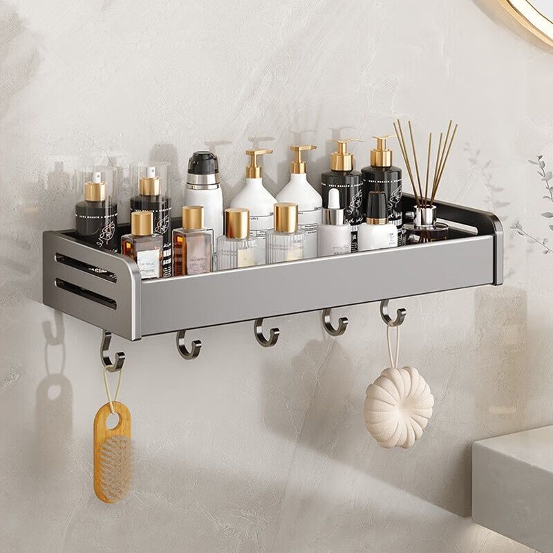 Aluminum Bathroom Shelf With Hooks - Wall Mounted Organizer For Towels, Toiletries & Cosmetics Rustproof, Space-Saving,_voghion.com