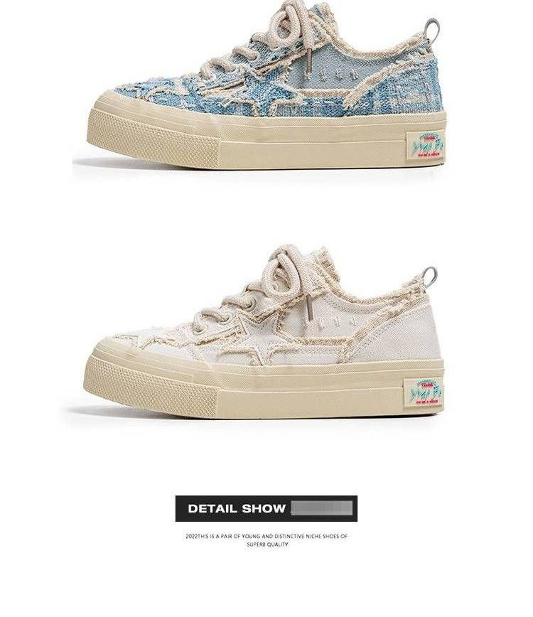 Baskets plates en denim pour homme, style rétro, à semelle épaisse et motif étoiles, chaussures en toile décontractées très tendance._voghion.com