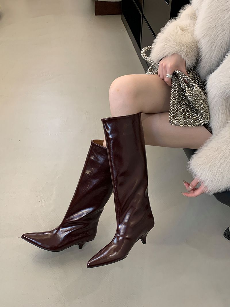 Damenschuhe Keilabsatz Wide Barrel Knight Boots Herbst und Winter Einfaches Temperament Plus Samt Hohe Stiefel Lange Stiefel Nicht Overknee-Stiefel_voghion.com