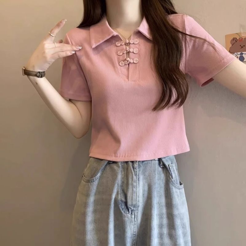 New buckle Chinese style sleeved T-shirt for women in summer 2024, covering the belly and showing off thinness, short_voghion.com