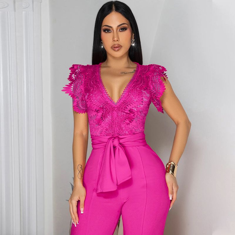 Kadın Giyim Seksi V Yaka Kolsuz Düz Renk Tulum Bağcıklı Geniş Paça Pantolon Pantolon_voghion.com