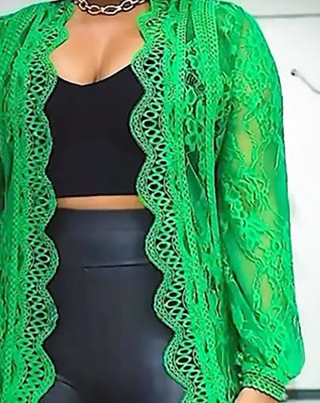 Women Jacket 2023 Spring Fashion Crochet Lace Scallop Trim Casual Long Sleeve Plain Open Front Longline Daily Straight_voghion.com