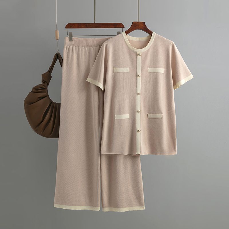 Roupas femininas terno feminino gola redonda botão contraste cor manga curta top cintura alta all-match calças de malha de perna larga conjunto de duas peças_voghion.com