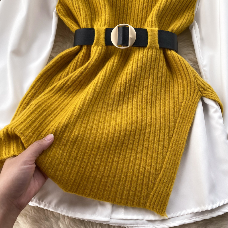 Set de două piese pentru femei, cămașă albă cu mâneci lungi și vestă din tricot despicat_voghion.com