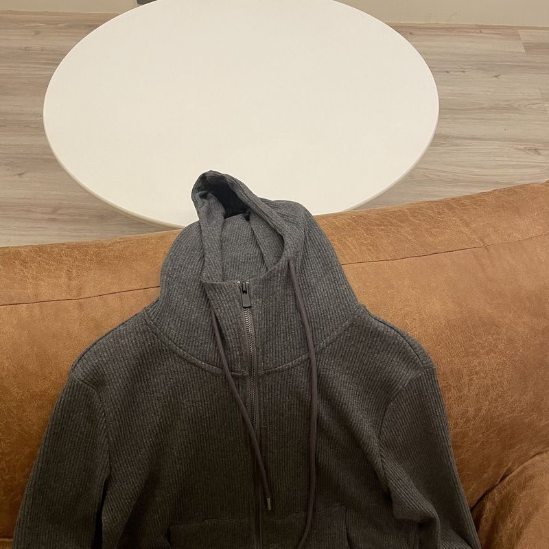 Felpa con cappuccio corta dimagrante con cerniera e motivo a strisce nere e grigie, stile americano/autunno_voghion.com