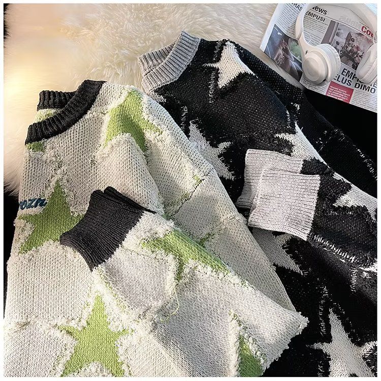 Herrenbekleidung Rundhals-Strickpullover mit Stern-Jacquard-Muster, Rundhals-Farbblock-Pullover, locker sitzendes Freizeitoberteil für Herbst und Winter_voghion.com