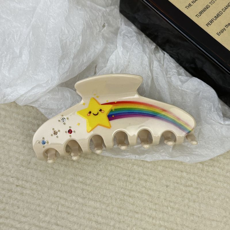 Eleganter Regenbogen im koreanischen Stil mit fünfzackigem Stern und Acetat-Textur-Greifer-Design, mit Diamanten besetzte Hochsteckfrisur am Hinterkopf, Haifisch-Clip, Haar-Accessoires_voghion.com