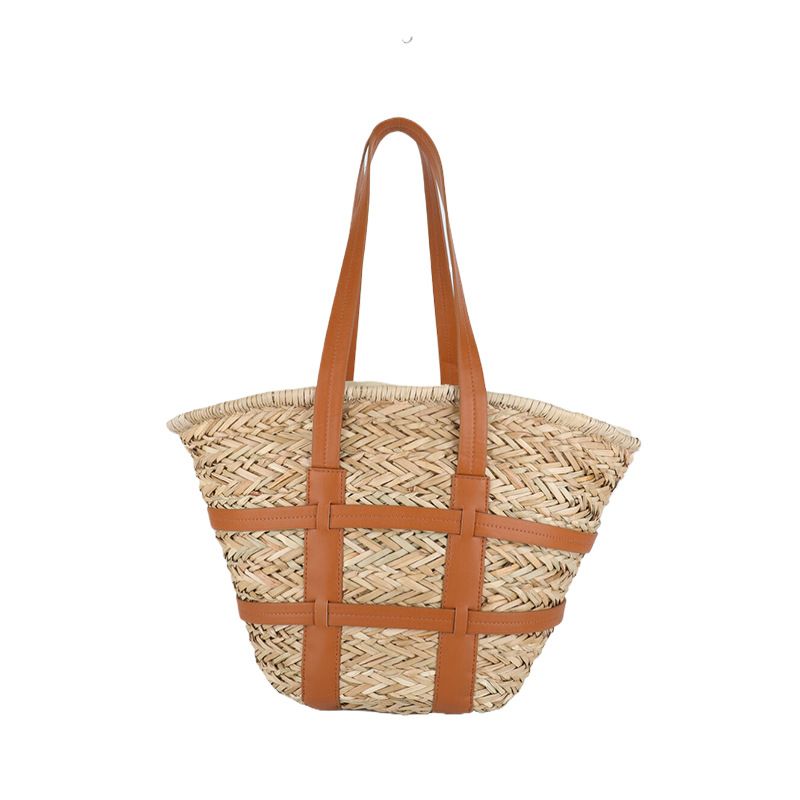 Large Capacity Straw Shoulder Natural Grass Handmade Woven Tote For Women Summer Vacation Style Beach Bag_voghion.com