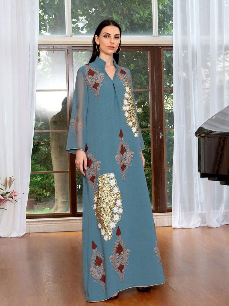 Luxury Muslim Evening Gown With Sequin Embroidery - Modest Elegance For Special Occasions_voghion.com