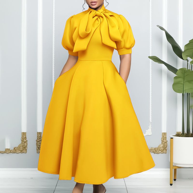 Noua rochie de banchet umflată cu arc cu mânecă scurtă transfrontalieră europeană și americană Rochie europeană și americană_voghion.com