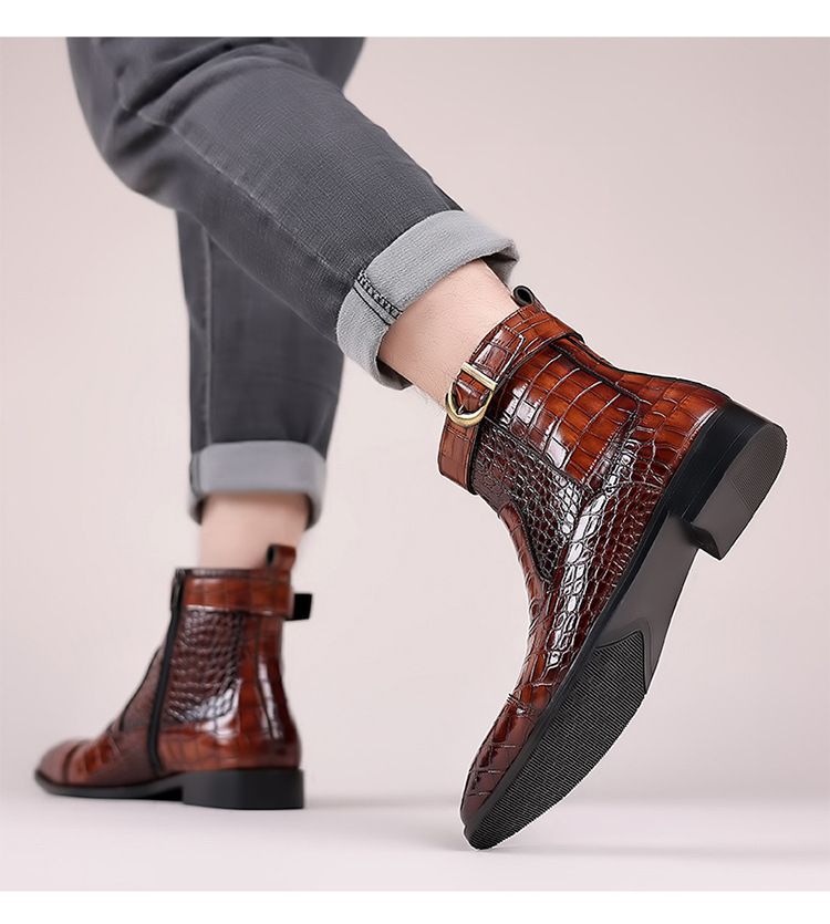 Botas altas de trabajo con cremallera y puntera puntiaguda con estampado de cocodrilo para hombre_voghion.com