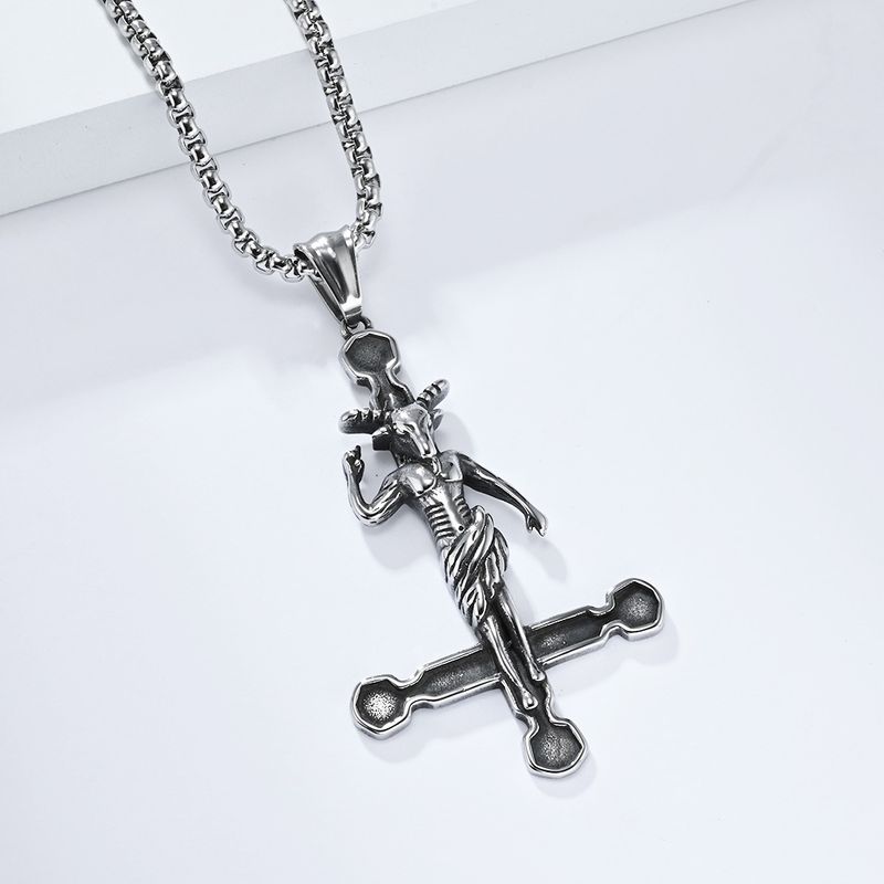 Wind Demon Satan Goat Inverted Cross Titanium Steel Necklace Niche Personality Pendant_voghion.com
