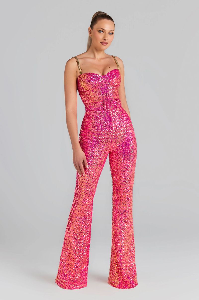 Roupas femininas estilo quente resistente brilhante ouro lantejoulas suspensório macacão europeu e americano moda celebridade festa banquete vestido_voghion.com