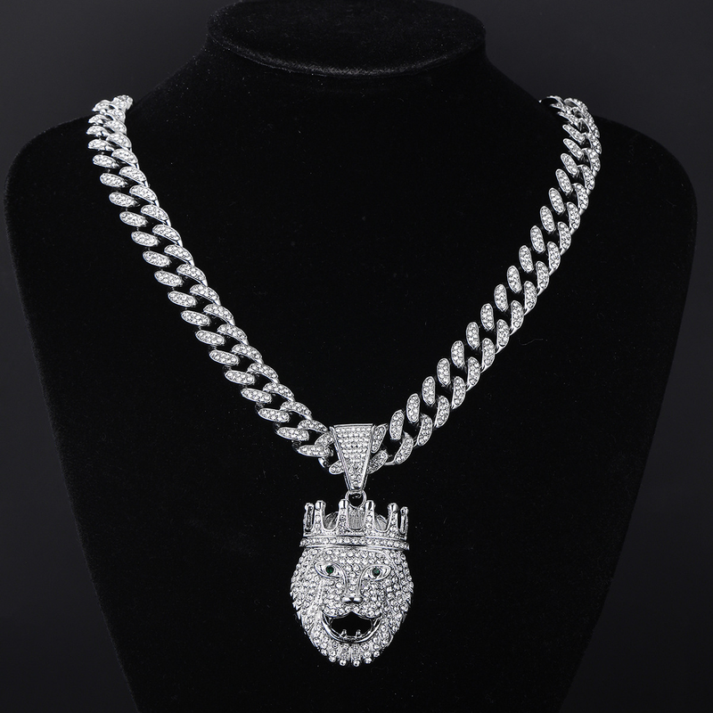 Collana con ciondolo a forma di testa di leone con corona, per uomo e donna, catena in lega tempestata di zirconi cubici, gioielli hip hop per uomo e donna._voghion.com
