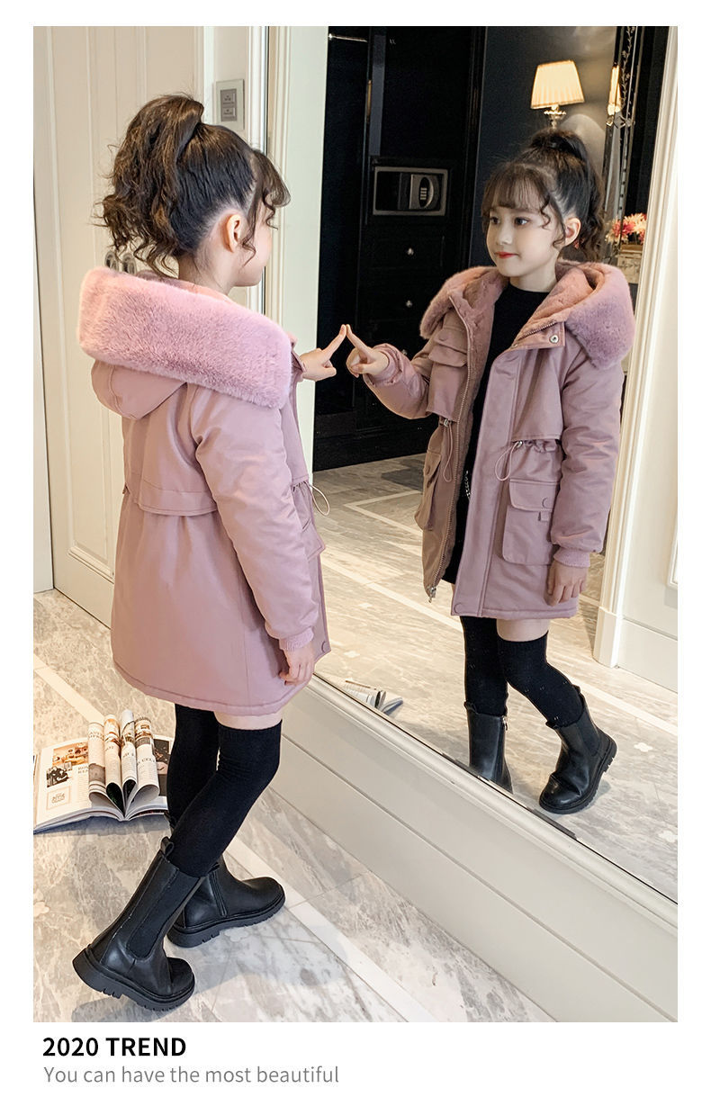 Warm Fleece-gefütterter langer Mantel für Mädchen – Winterparka mit Kapuze und hohem Kragen, weicher Polyesterfüllung, Reißverschluss (Rosa/Grau, 120–160 cm)_voghion.com