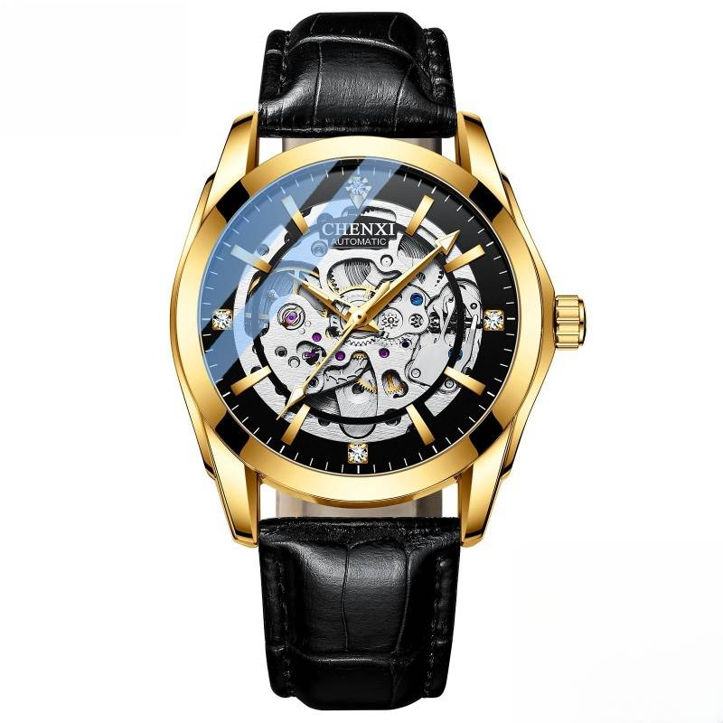 Round automatic mechanical watch leather strap skeletonized luminous waterproof shockproof pin buckle_voghion.com