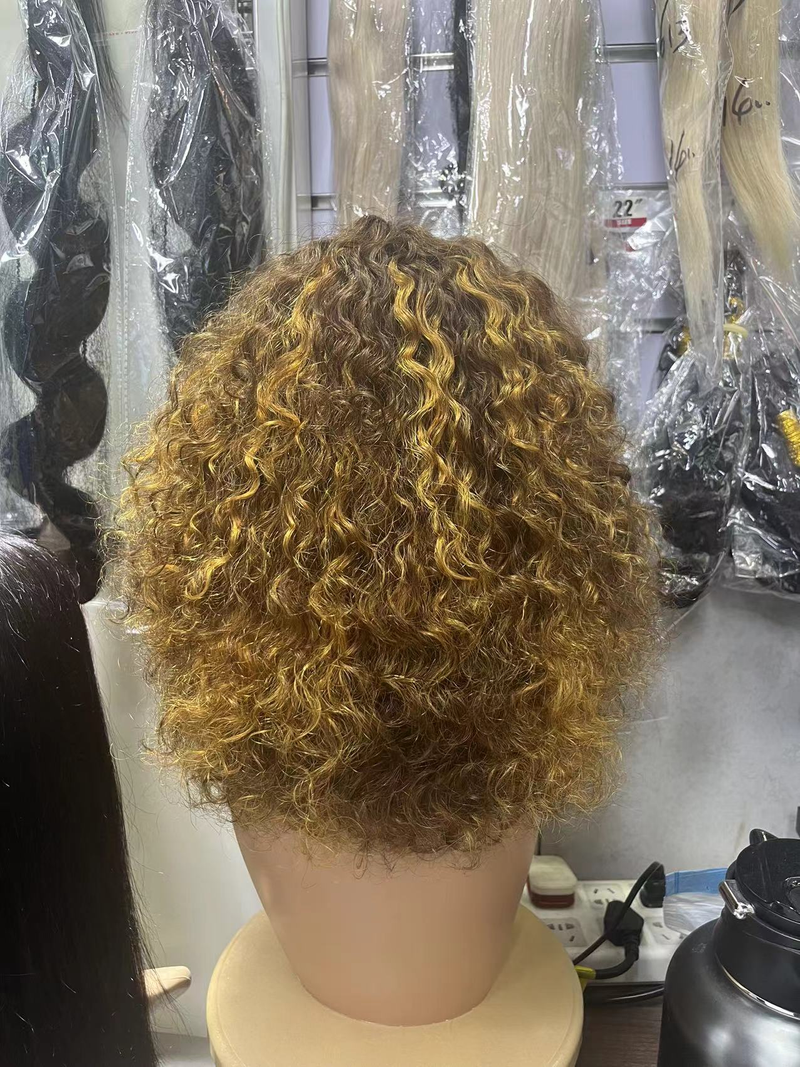 Pixie curto bob corte perucas de cabelo humano com franja jerry encaracolado peruca sem cola destaque mel onda água loira perucas coloridas para mulher_voghion.com